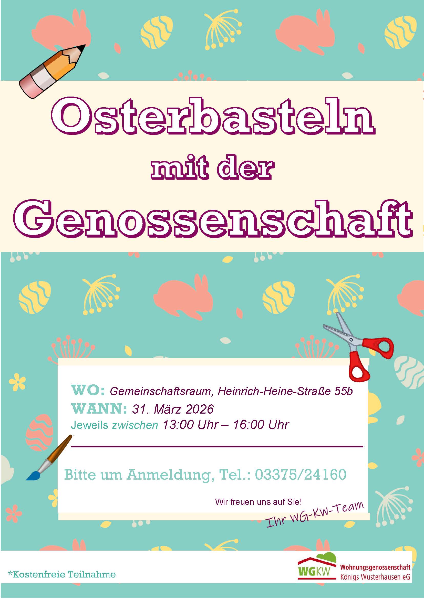 Plakat%20Osterbasteln%202026 Wohnungsgenossenschaft K&ouml;nigs Wusterhausen eG &ndash; Osterbasteln