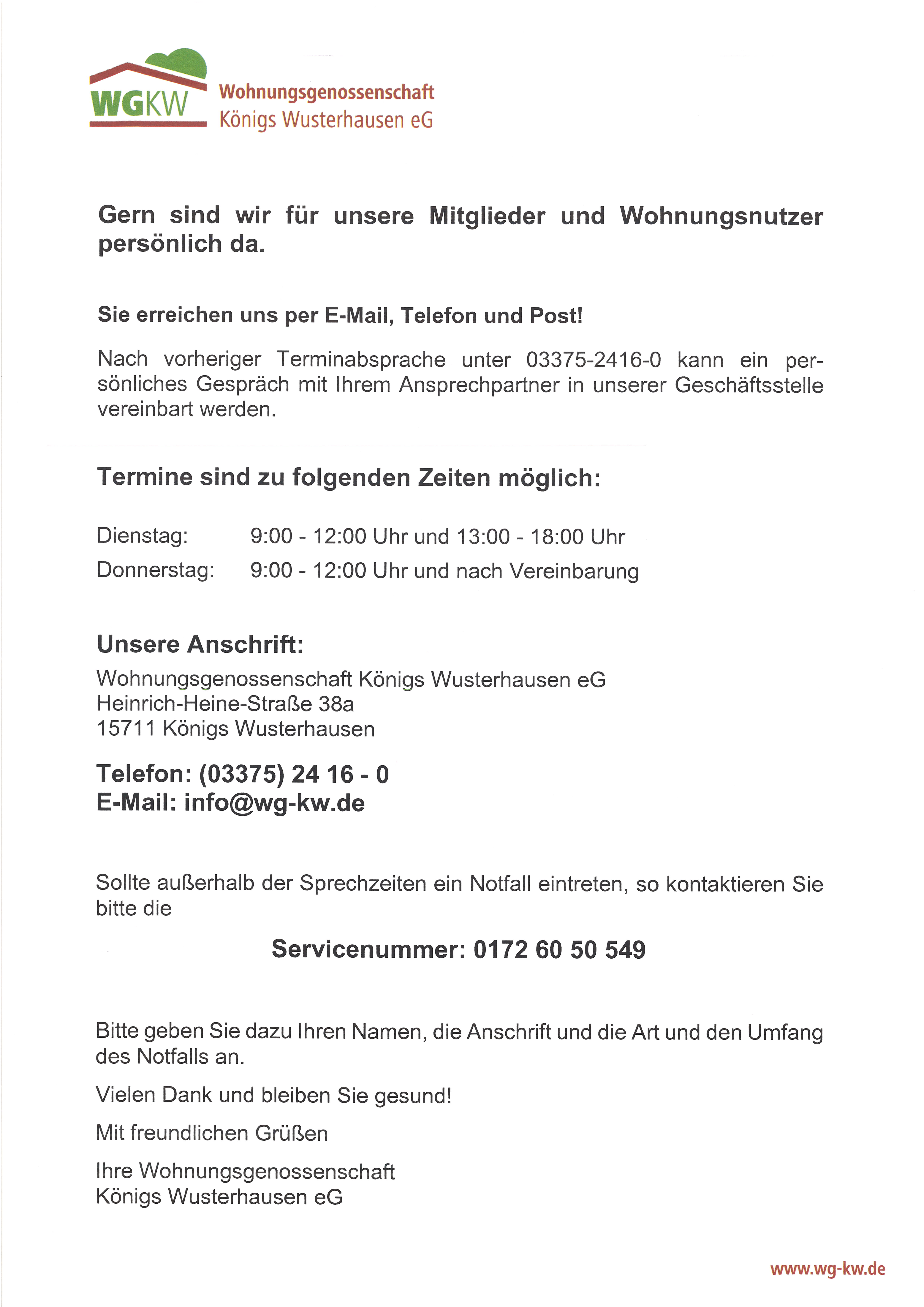 Information_Sprechzeiten Wohnungsgenossenschaft Königs Wusterhausen eG – Geschäftsstelle - Sprechzeiten