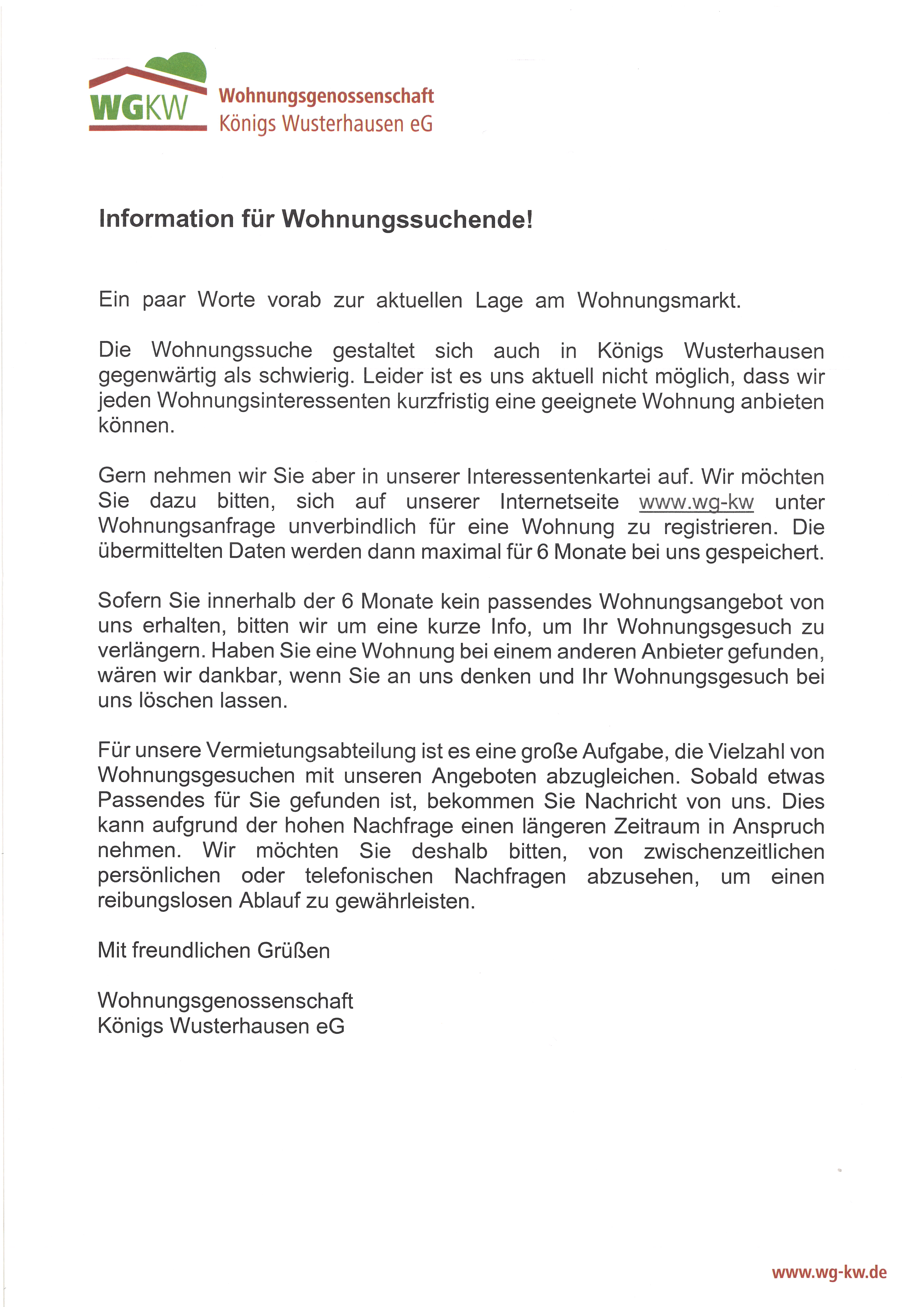Information_für_Wohnungssuchende Wohnungsgenossenschaft Königs Wusterhausen eG – Information für Wohnungssuchende!